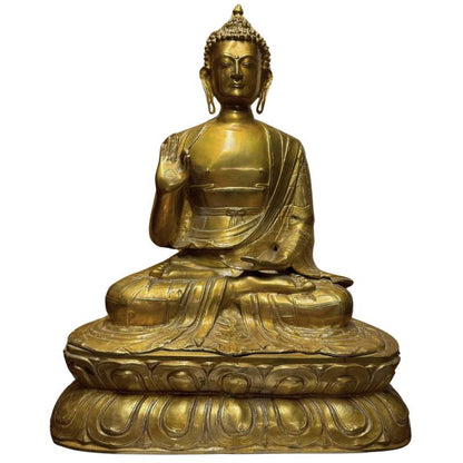 Monumentale vergoldete tibetische Shakyamuni Buddha-Statue als Symbol für Schutz, Ruhe und spirituelle Sicherheit
