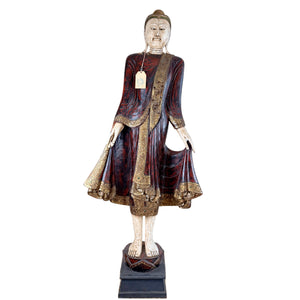 Monumentaler stehender Mandalay-Buddha aus Birma – Teakholz & Lack – 19. Jh. – Exportetikett 1988