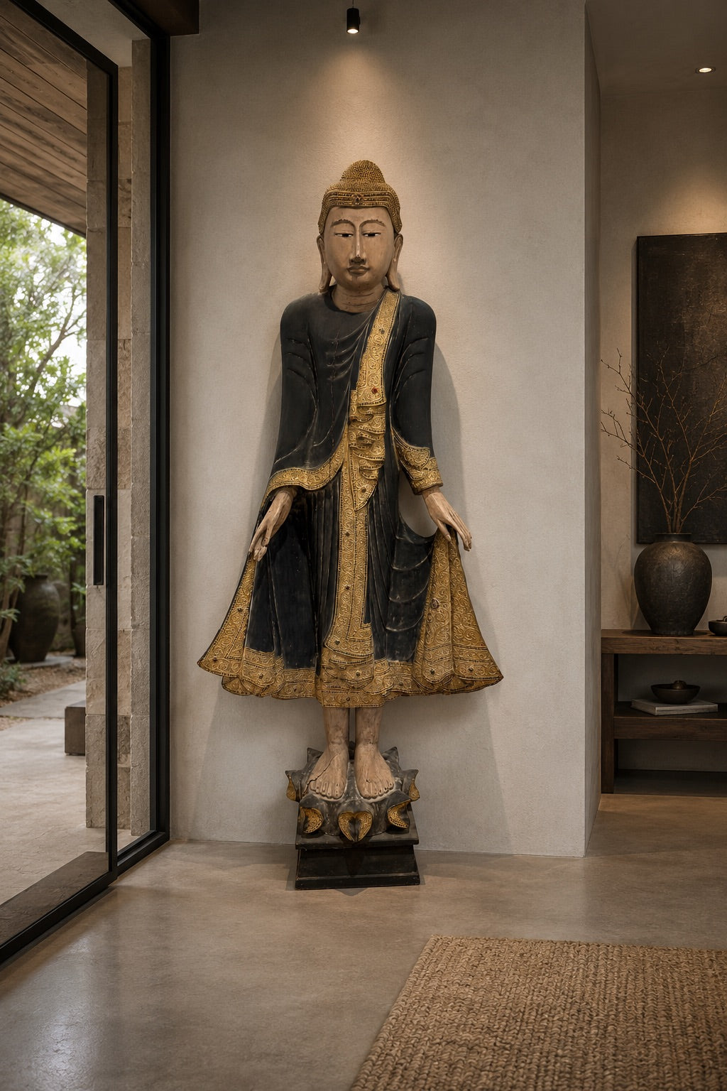 Monumentale burmesische Buddha-Statue aus Holz, 190 cm hoch, mit alter Polychromie und vergoldeten Details