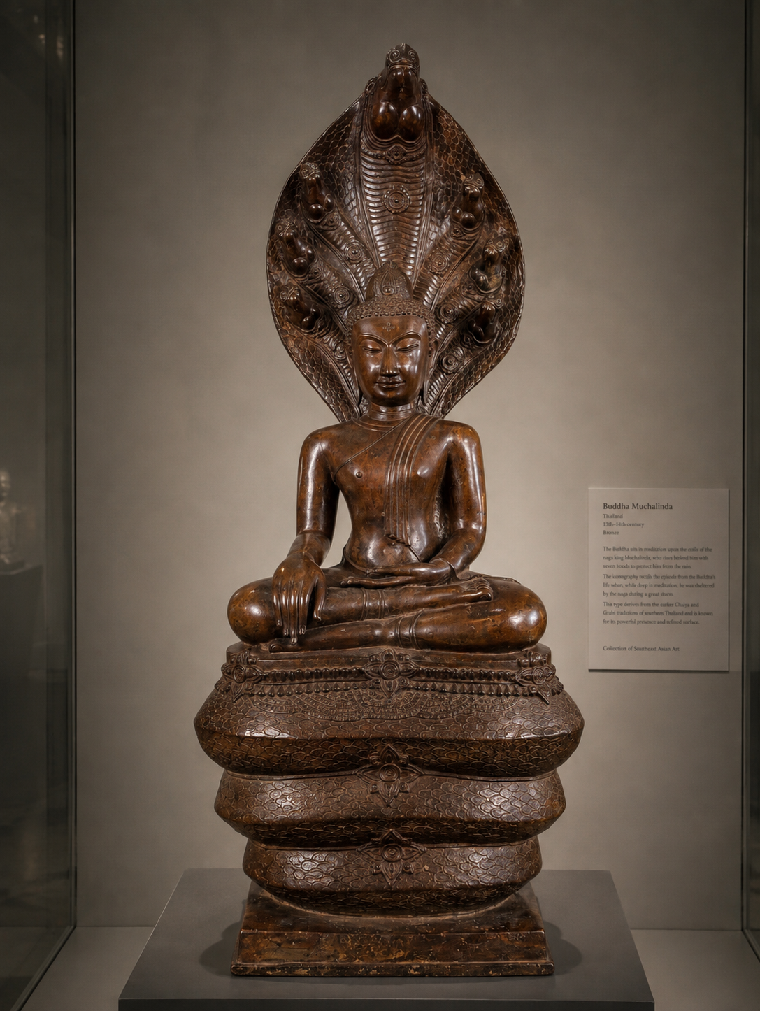 Monumentaler bronzener Buddha Muchalinda aus Thailand, wahrscheinlich spätes 13.–14. Jahrhundert, 122 cm hoch, in einer musealen Präsentation