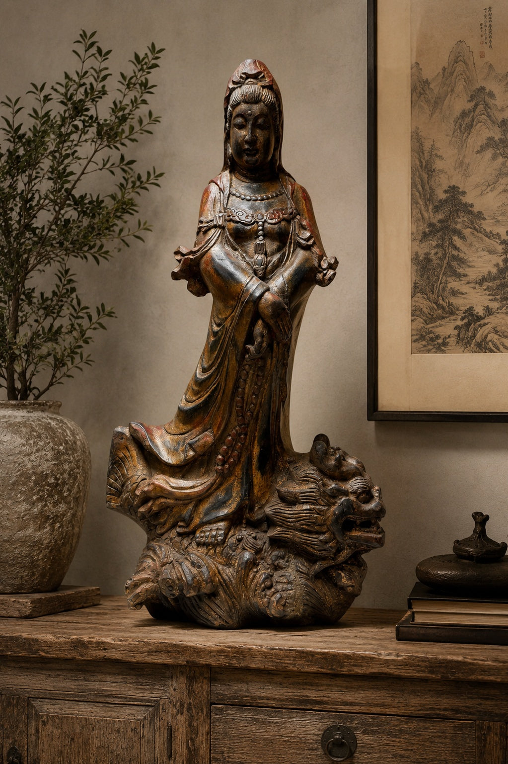 Monumentale Holzskulptur Kwanyin, polychromes Holz, 81 cm