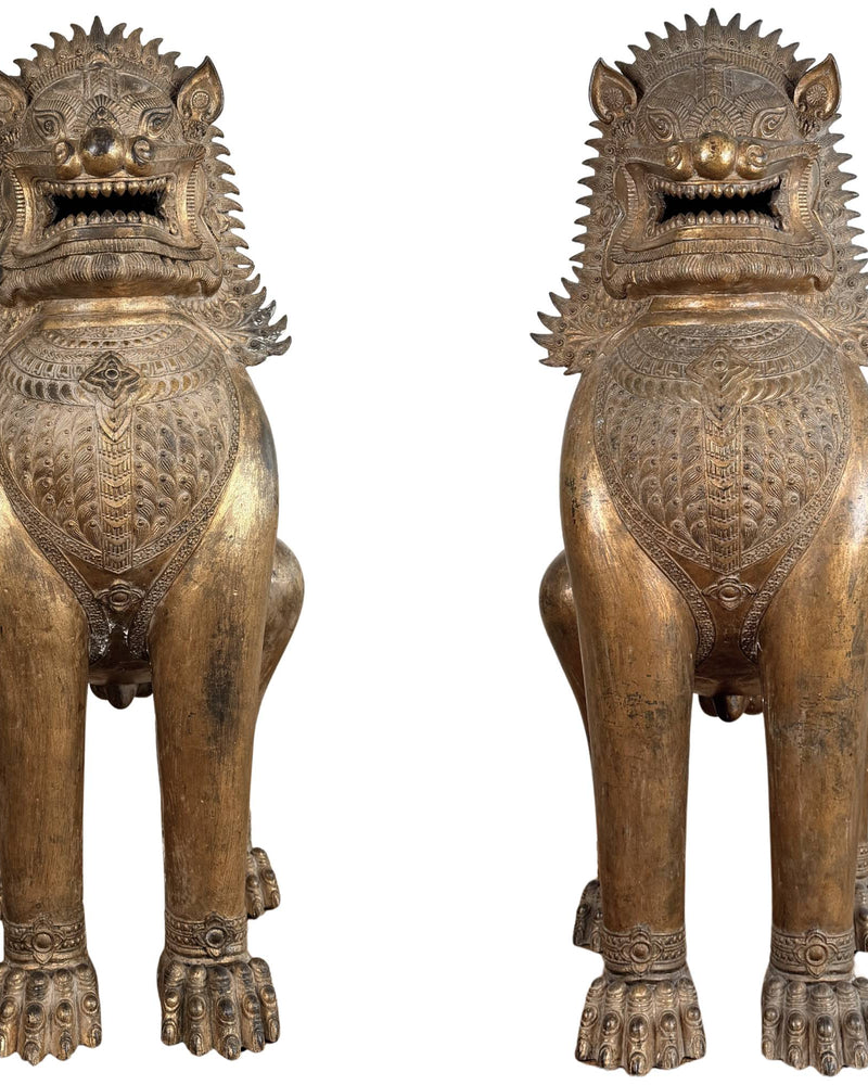 Monumentales Paar antik feuervergoldeter thailändischer Tempellöwen (Singha) – Dharmachakra-Siegel – 18. Jahrhundert – H 104 cm / ~90 kg