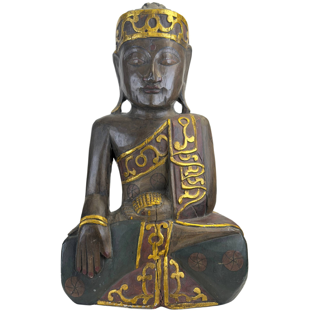 Frontansicht der monumentalen Vintage-Balinesischen handgeschnitzten Holz-Jina-Buddha in der Bhumisparsha-Mudra mit gekröntem Mukuta‑Kopfschmuck.