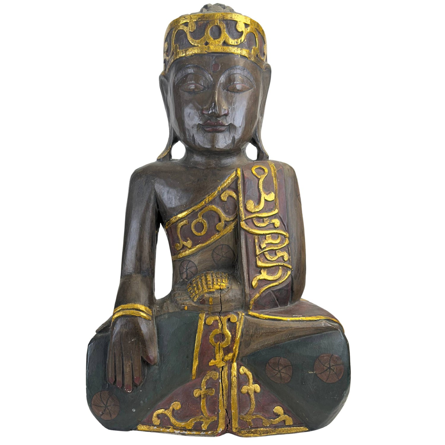 Vorderansicht des monumentalen, antiken balinesischen, handgeschnitzten Jina-Buddha aus Holz in Bhumisparsha-Mudra mit gekröntem Mukuta-Kopfschmuck.