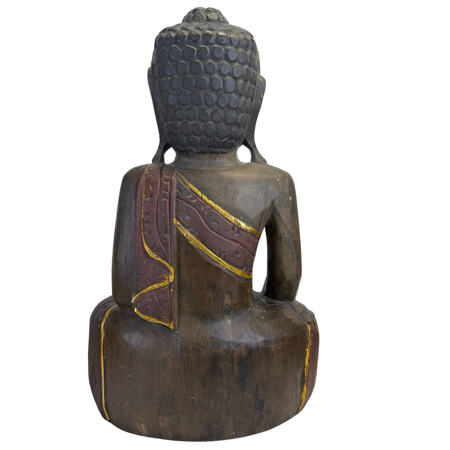 Die vollständige Rückansicht des antiken hölzernen Buddhas zeigt die durchgehenden Details der Roben der Sanghati-Mönche und die organische Maserung.