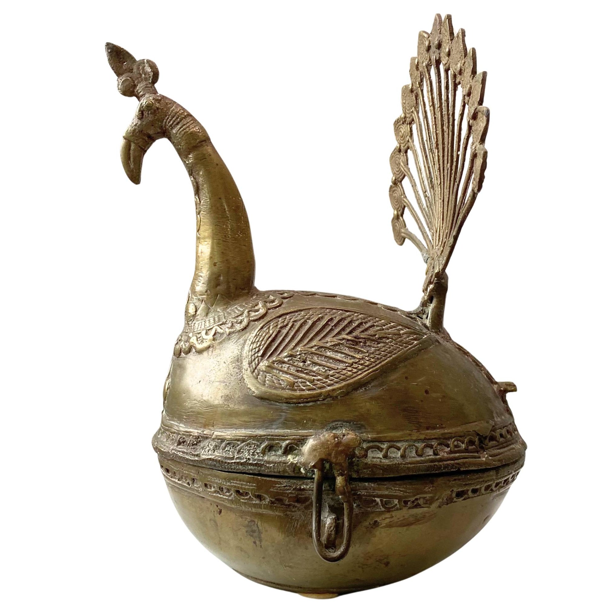 Museumswürdiger indischer Pfauenbehälter aus Messing für Sammler.