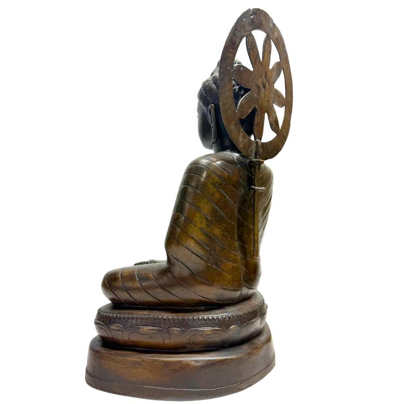 Bronzestatue des Buddha Dharma Chakra Mudra aus Myanmar mit Rad-Lehrsymbolik