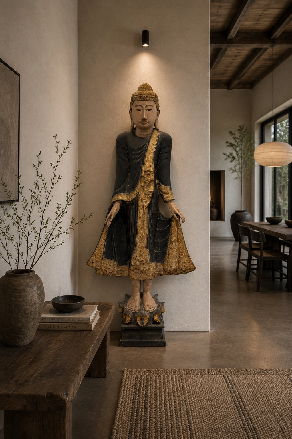 Myanmar-Buddha mit alter Polychromie, monumentale hölzerne Tempelstatue aus dem 19. Jahrhundert mit authentischen Gebrauchsspuren