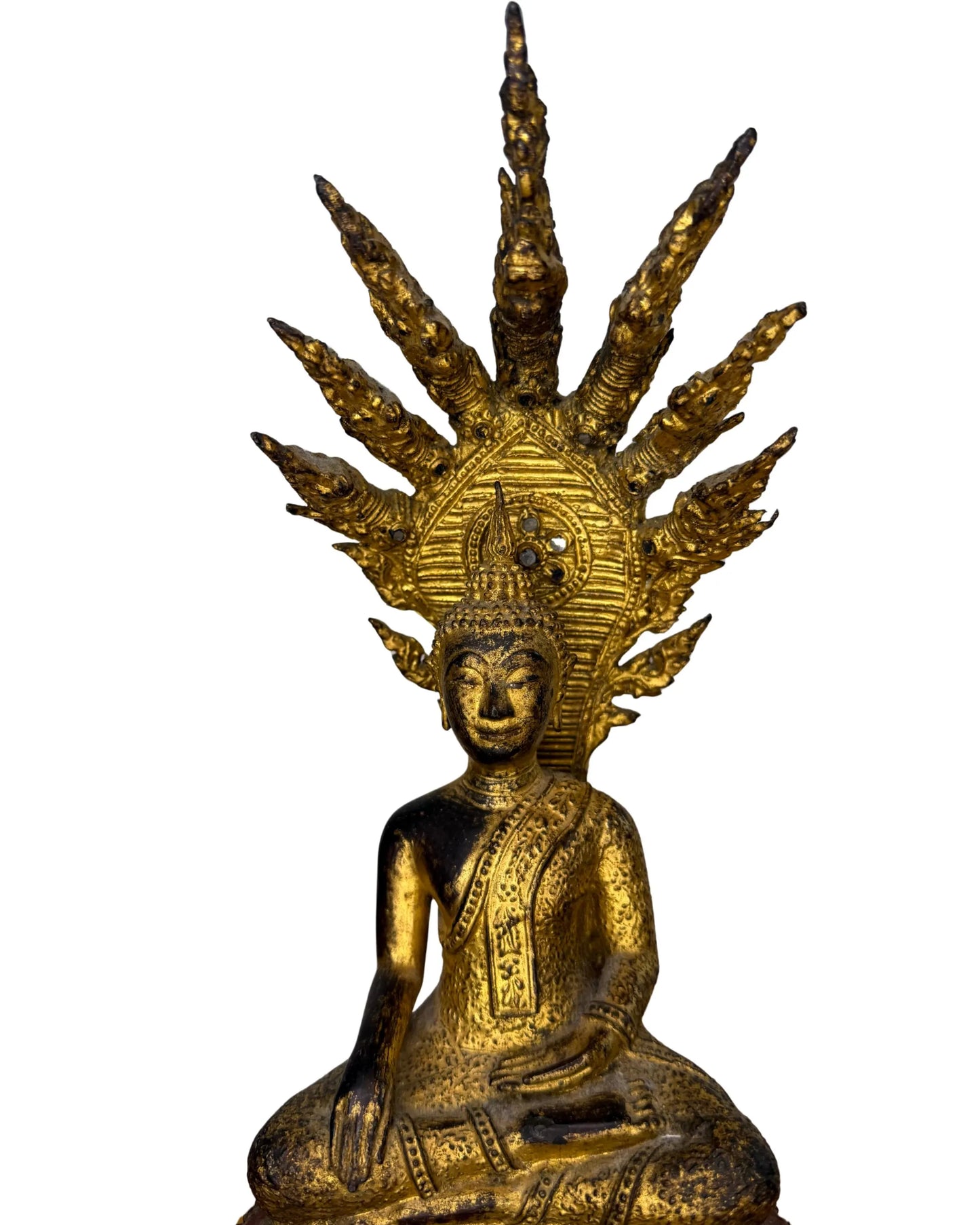 Naga-Buddha-Statue aus Bronze, vergoldetes Tempelobjekt aus Thailand