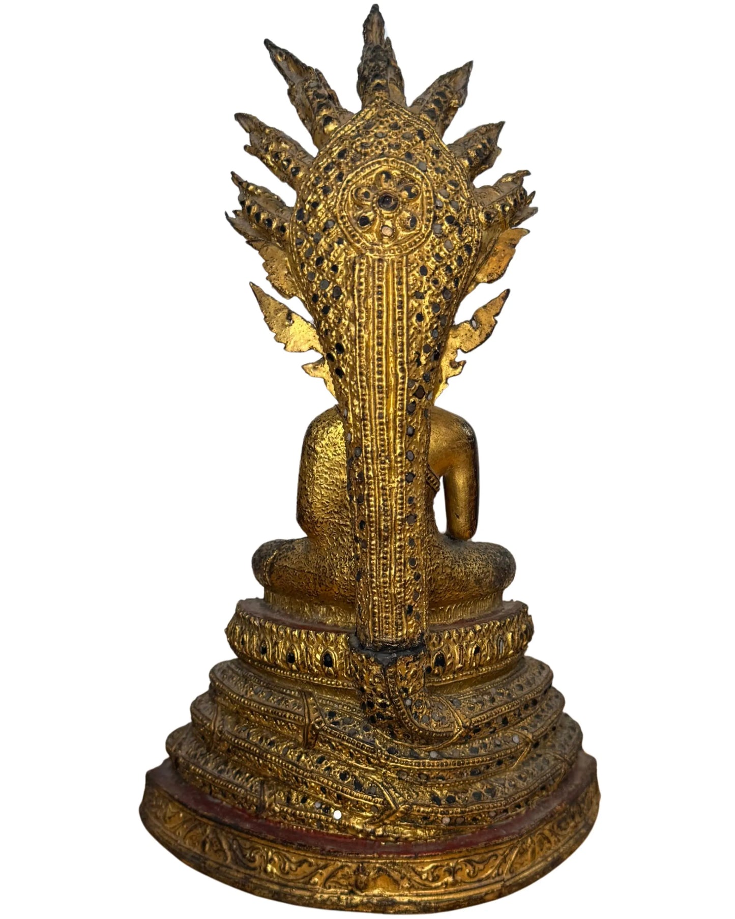 Naga Buddha Bronze, vergoldete Tempelstatue aus Thailand