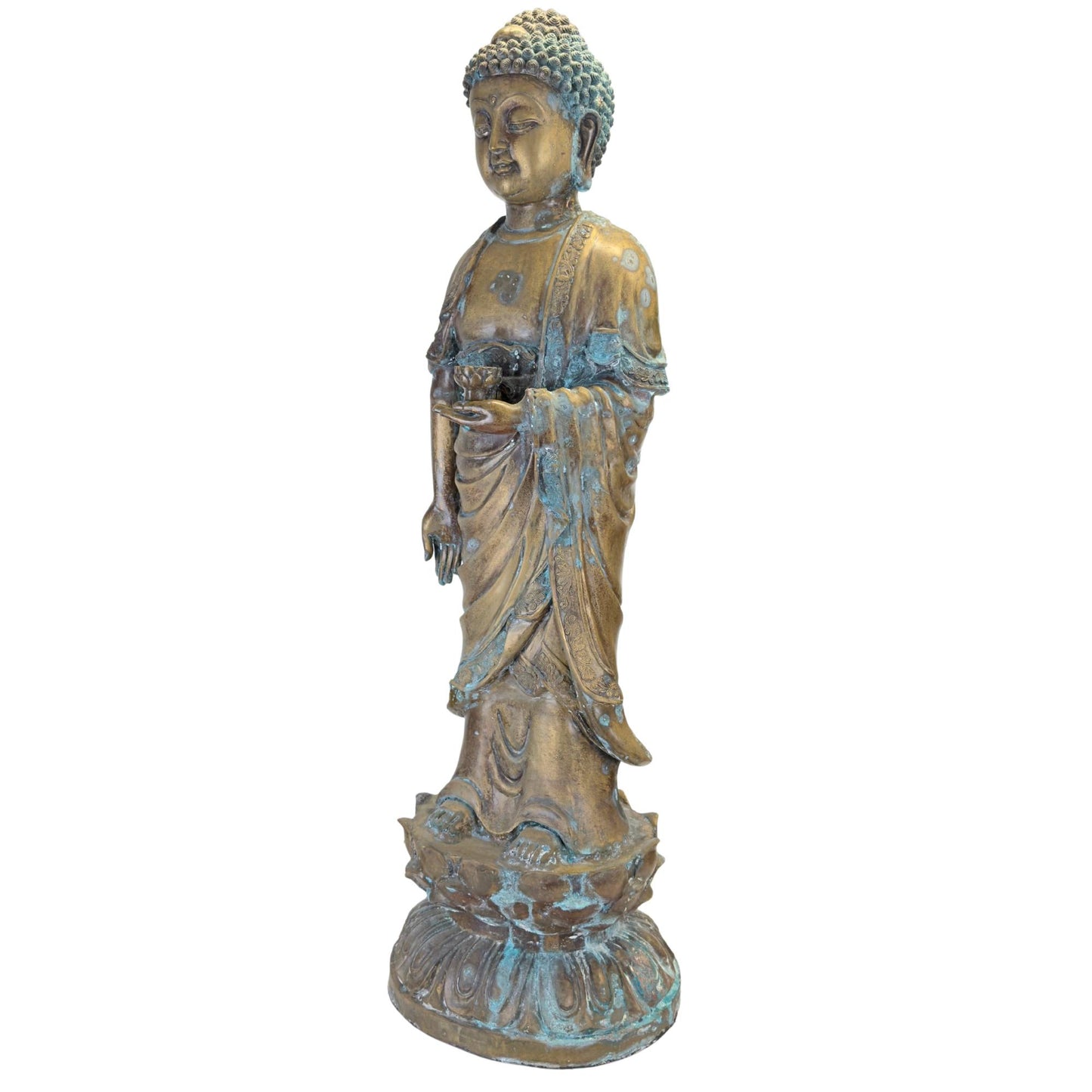 Detail der natürlichen Kupferpatina auf einer chinesischen Medizinbuddha-Figur aus Bronze.