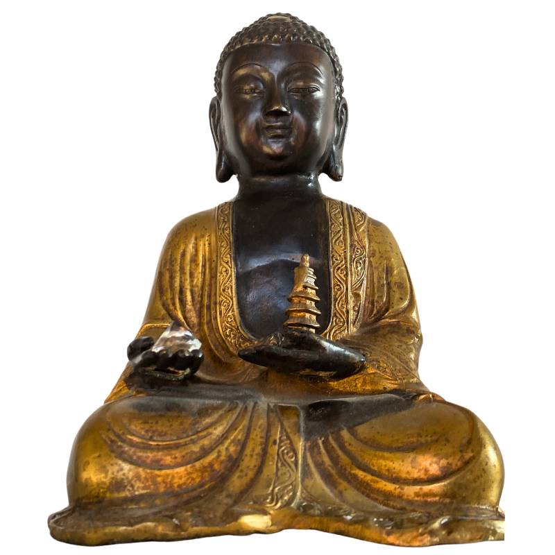 Nepal bronzener Amitabha Buddha mit Stupa und Kristall in Meditationshaltung