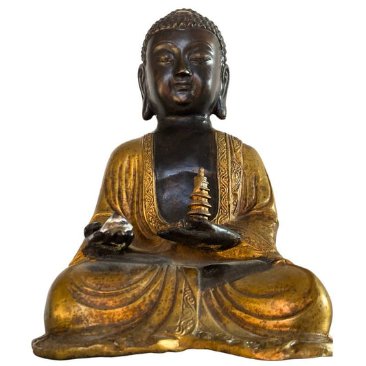 Amitabha-Buddha aus Bronze aus Nepal mit Stupa und Kristall in Meditationshaltung