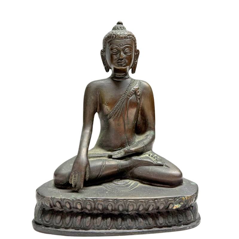 Bronzestatue des Shakyamuni Buddha aus Nepal mit Bhumisparsha-Mudra auf einem Lotussockel
