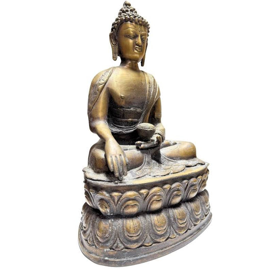 Nepalesische Buddha-Statue aus Bronze aus dem Kathmandu-Tal, sitzend auf einem doppelten Lotusthron