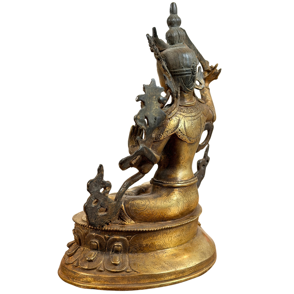 Manjushri schräg von hinten auf der Lotusseite, sitzend auf dem runden Lotossockel
