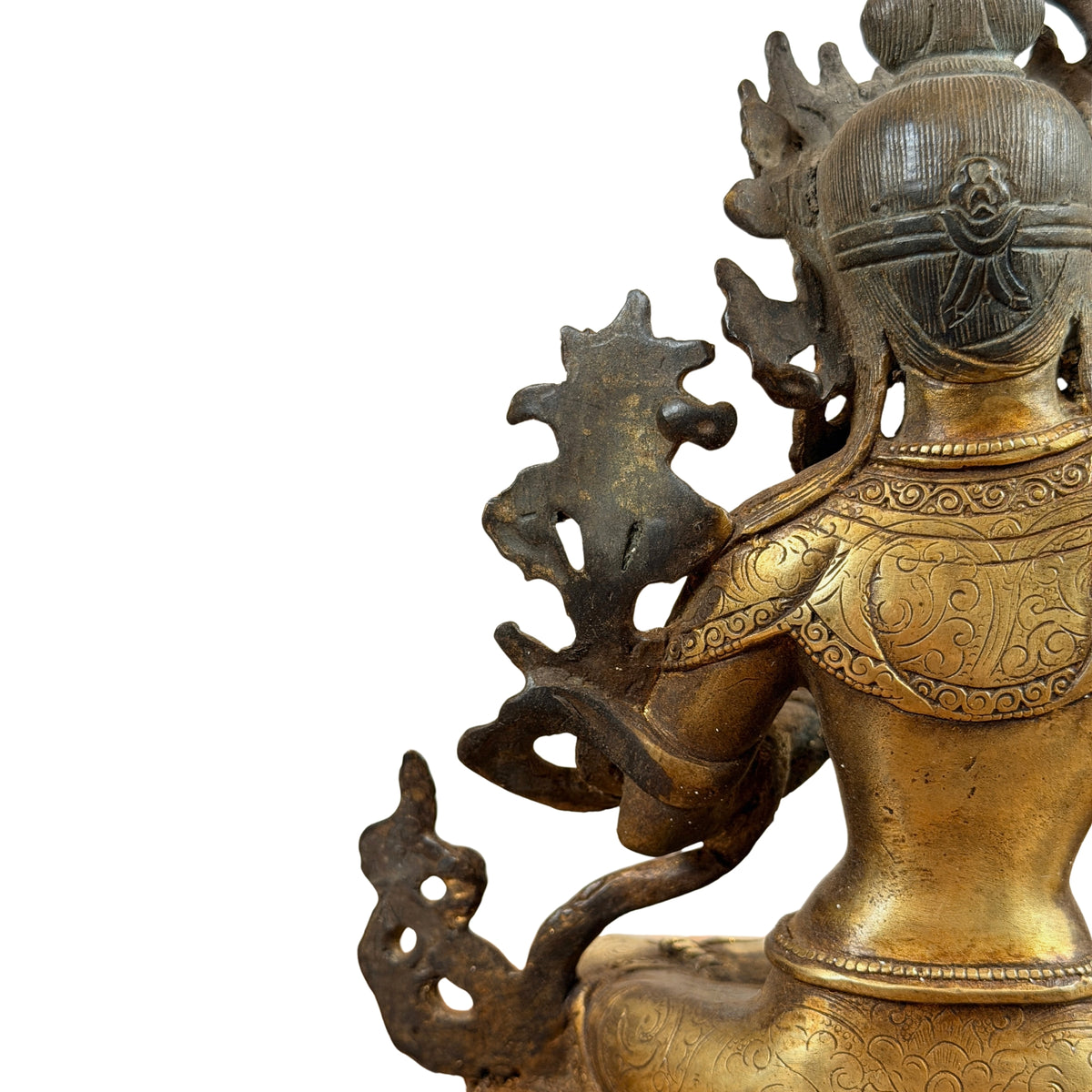 Linke Rückseite von Manjushri mit Haarknoten, verzierter Schulter und Lotusstängel