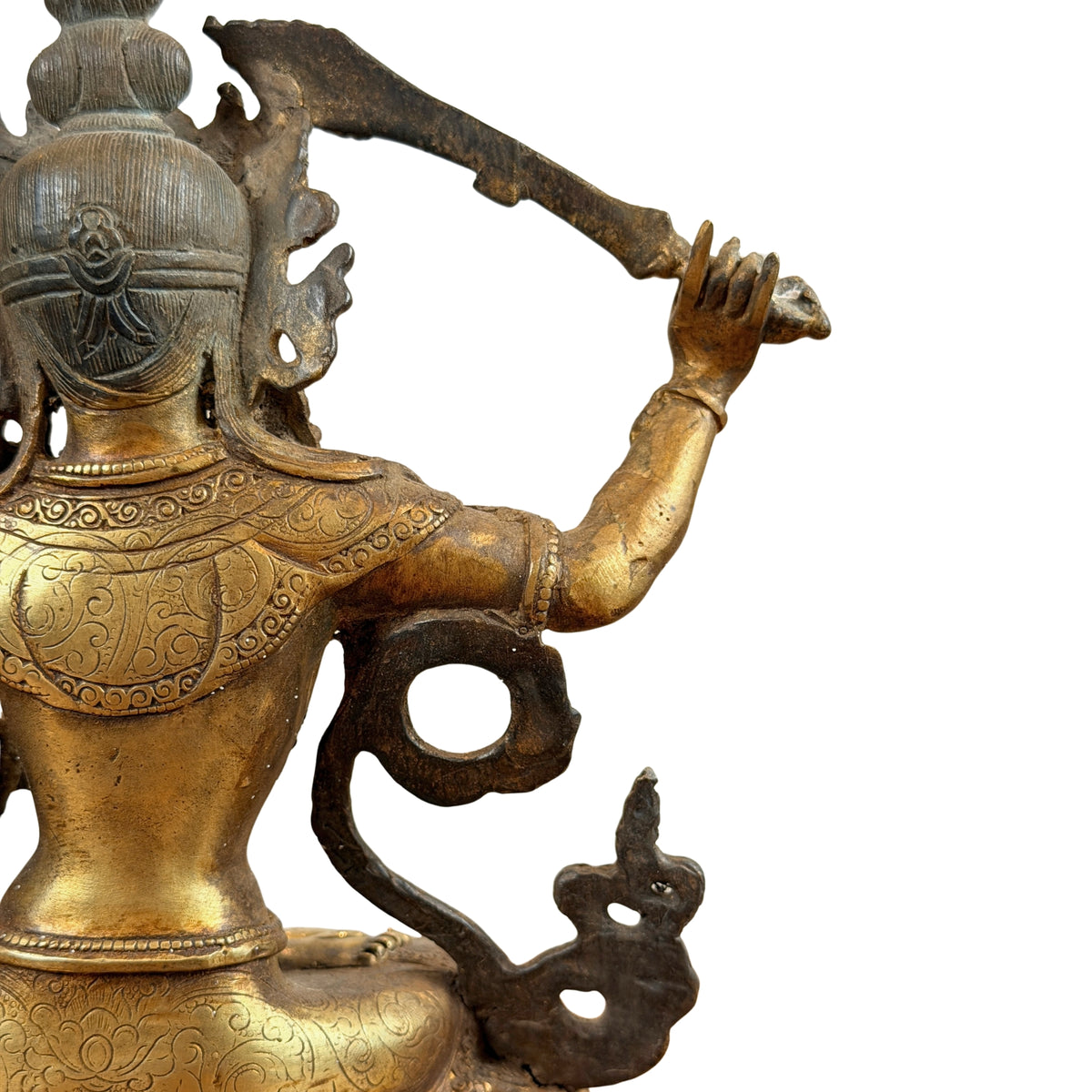 Rechte Rückseite von Manjushri mit erhobenem Schwertarm und Schulterverzierung