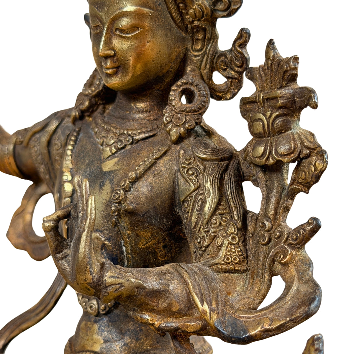 Manjushris Oberkörper mit Handgeste, Schmuck und Buch auf einem Lotus