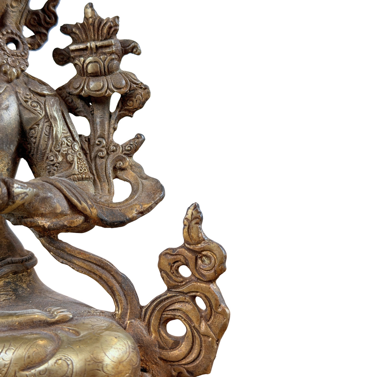 Lotusstängel mit Buch und durchbrochenes Ornament neben dem sitzenden Manjushri