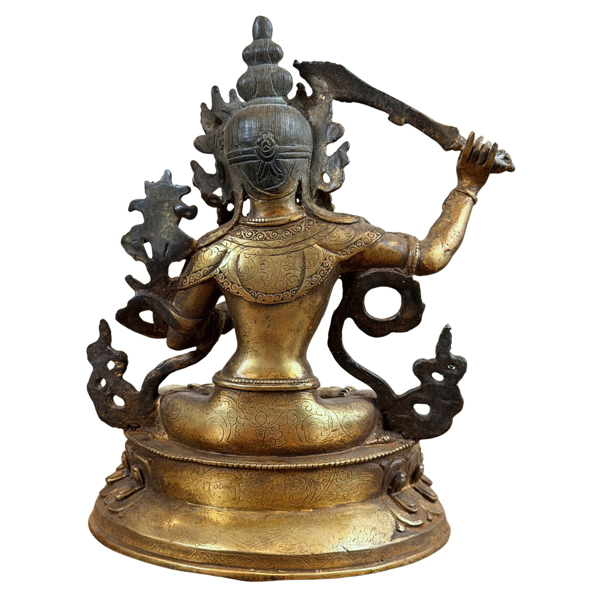 Vollständige Rückansicht von Manjushri mit Haarknoten, Schwert und rundem Sockel