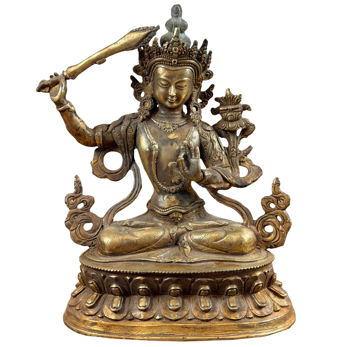 Nepalesischer Manjushri auf einem Lotosthron mit erhobenem Schwert und Buch auf einer Lotusblüte