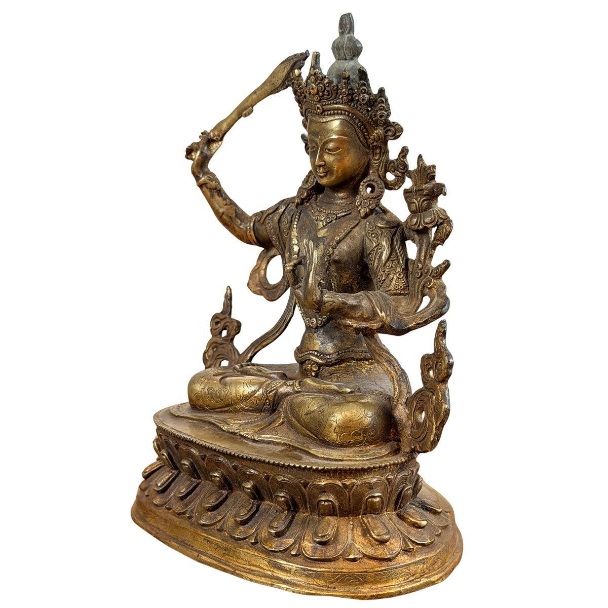 Manjushri schräg von vorne mit Schwert über der Krone und Buch neben der Schulter