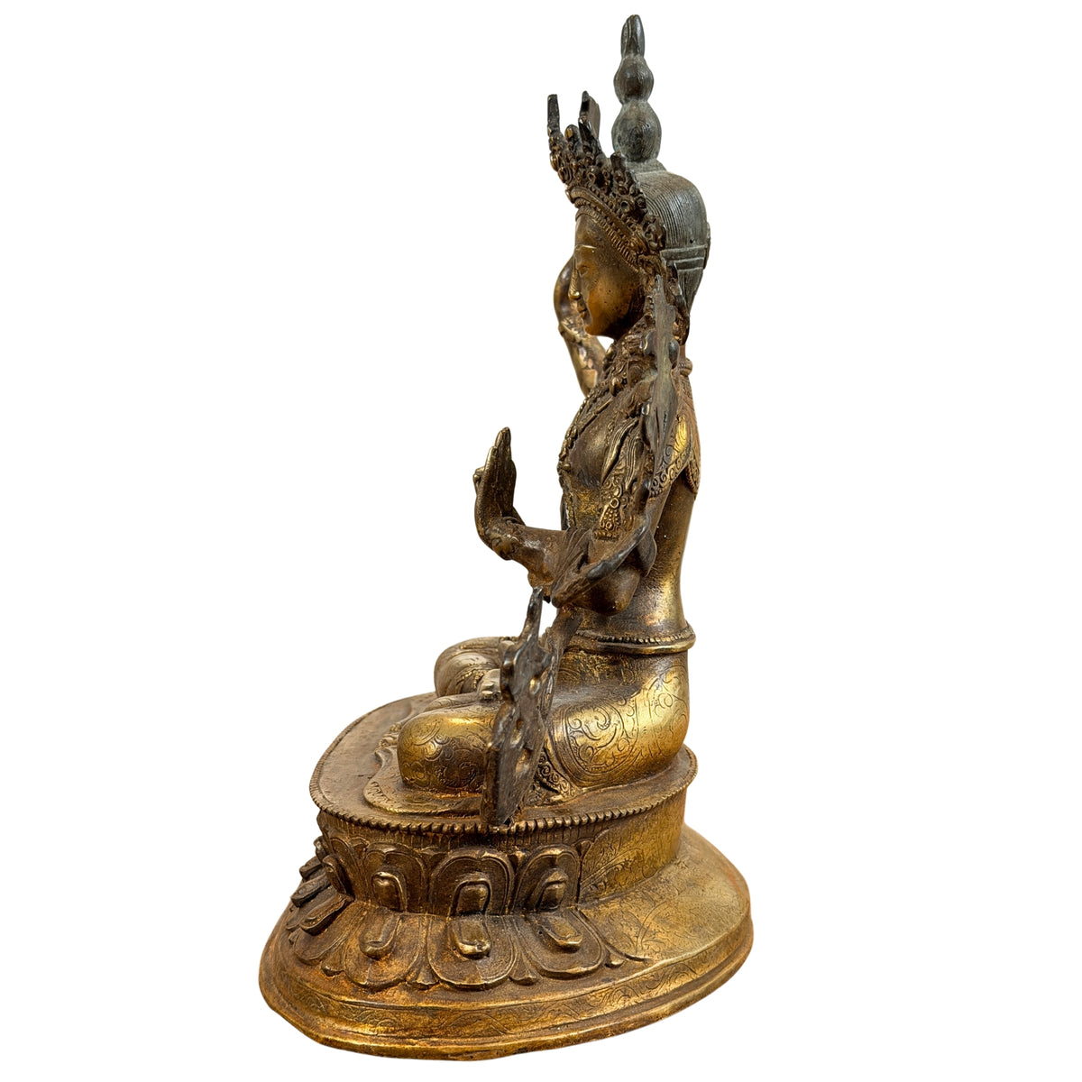 Manjushri im Profil auf der Lotusseite mit Hand vor der Brust und verziertem Sockel