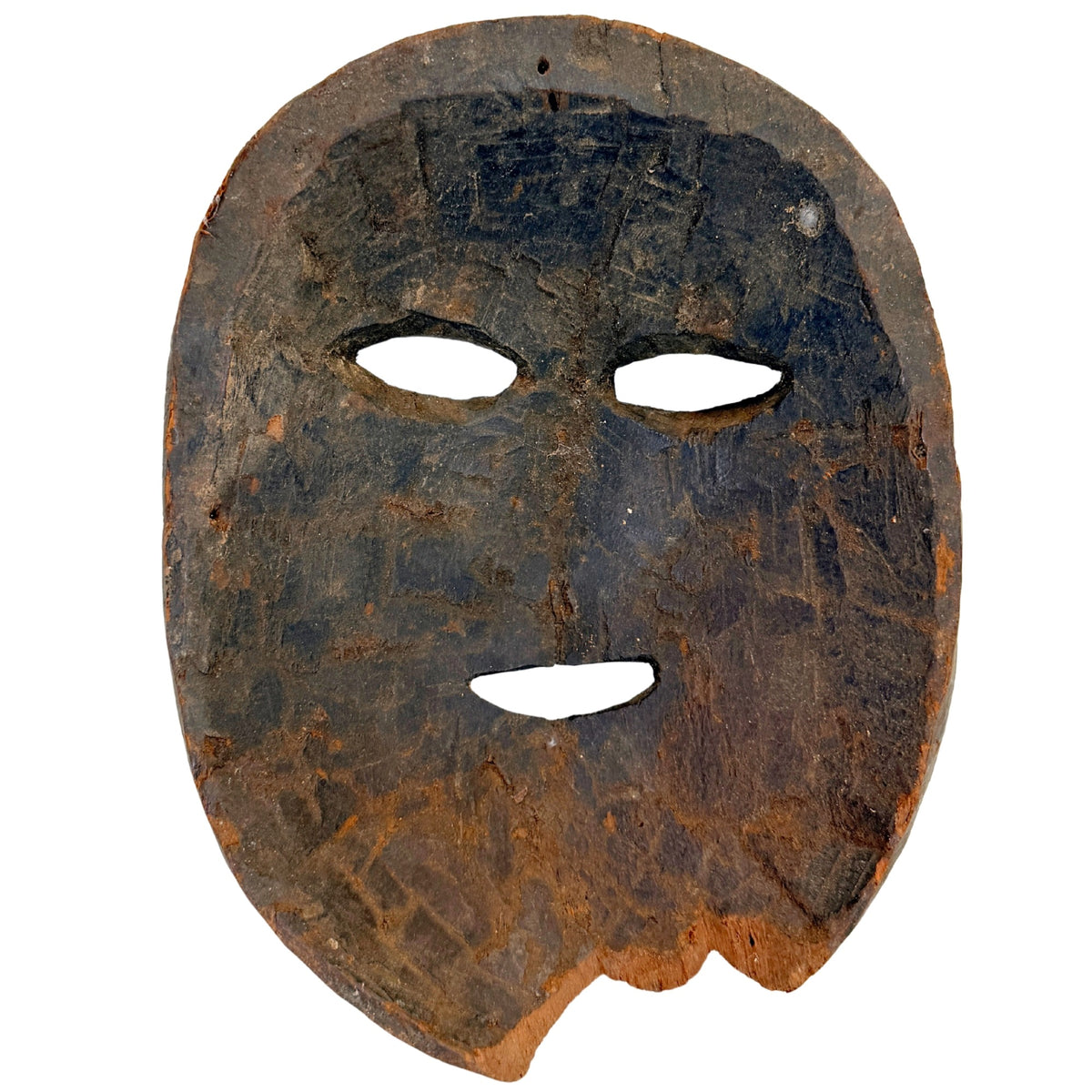 Rückseite der nepalesischen Holzmaske mit dunkler Patina und alten Befestigungsöffnungen