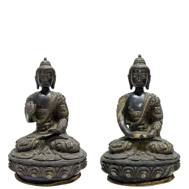 Nepalesisches Buddha-Paar aus feuervergoldeter Bronze im Newar-Stil mit Abhaya-Mudra