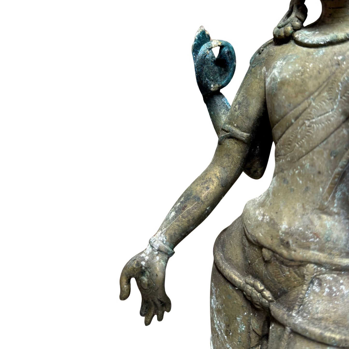 Detail von Hand und Mudra des nepalesischen vierarmigen Avalokiteshvara aus Bronze, 17. Jahrhundert