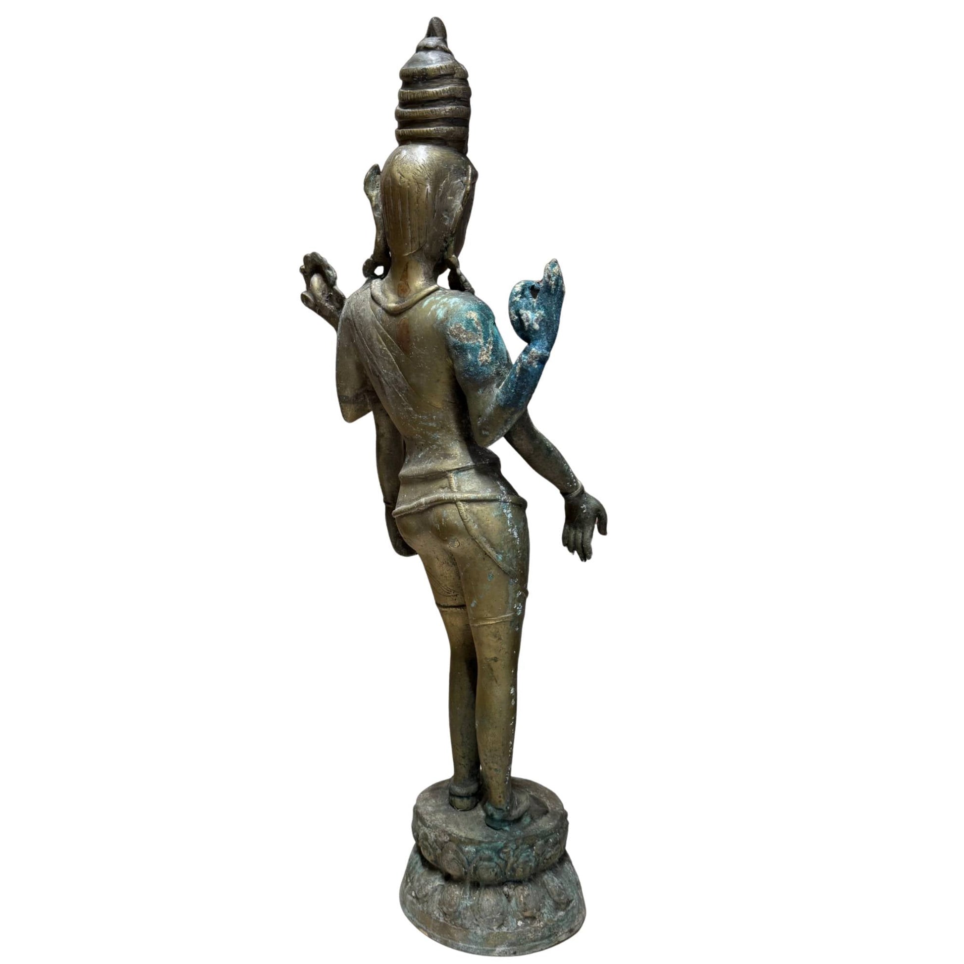 Nepalesischer vierarmiger Avalokiteshvara aus feuervergoldeter Bronze, 17. Jahrhundert – Rückansicht links