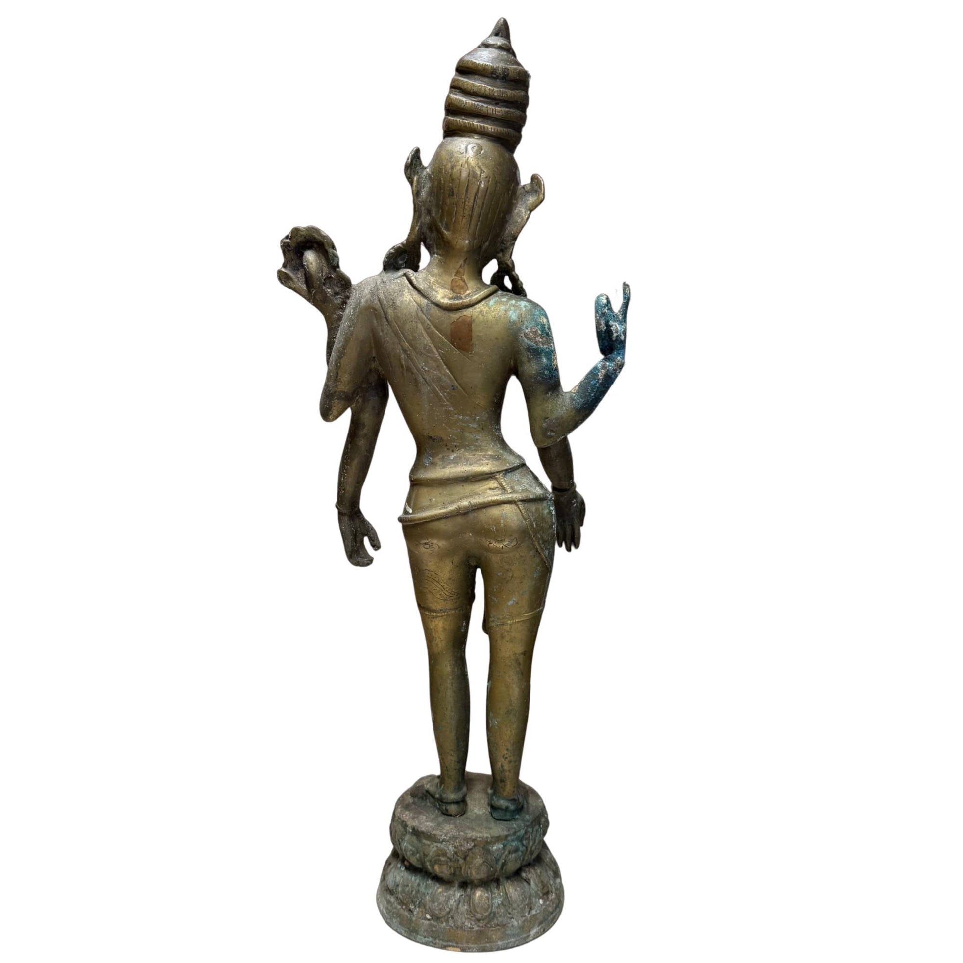 Nepalesischer vierarmiger Avalokiteshvara aus feuervergoldeter Bronze, 17. Jahrhundert – Rückansicht