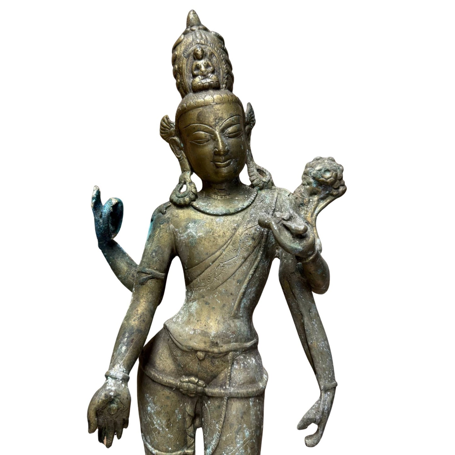 Detail des nepalesischen vierarmigen Avalokiteshvara aus feuervergoldeter Bronze, 17. Jahrhundert – Oberkörper und Krone