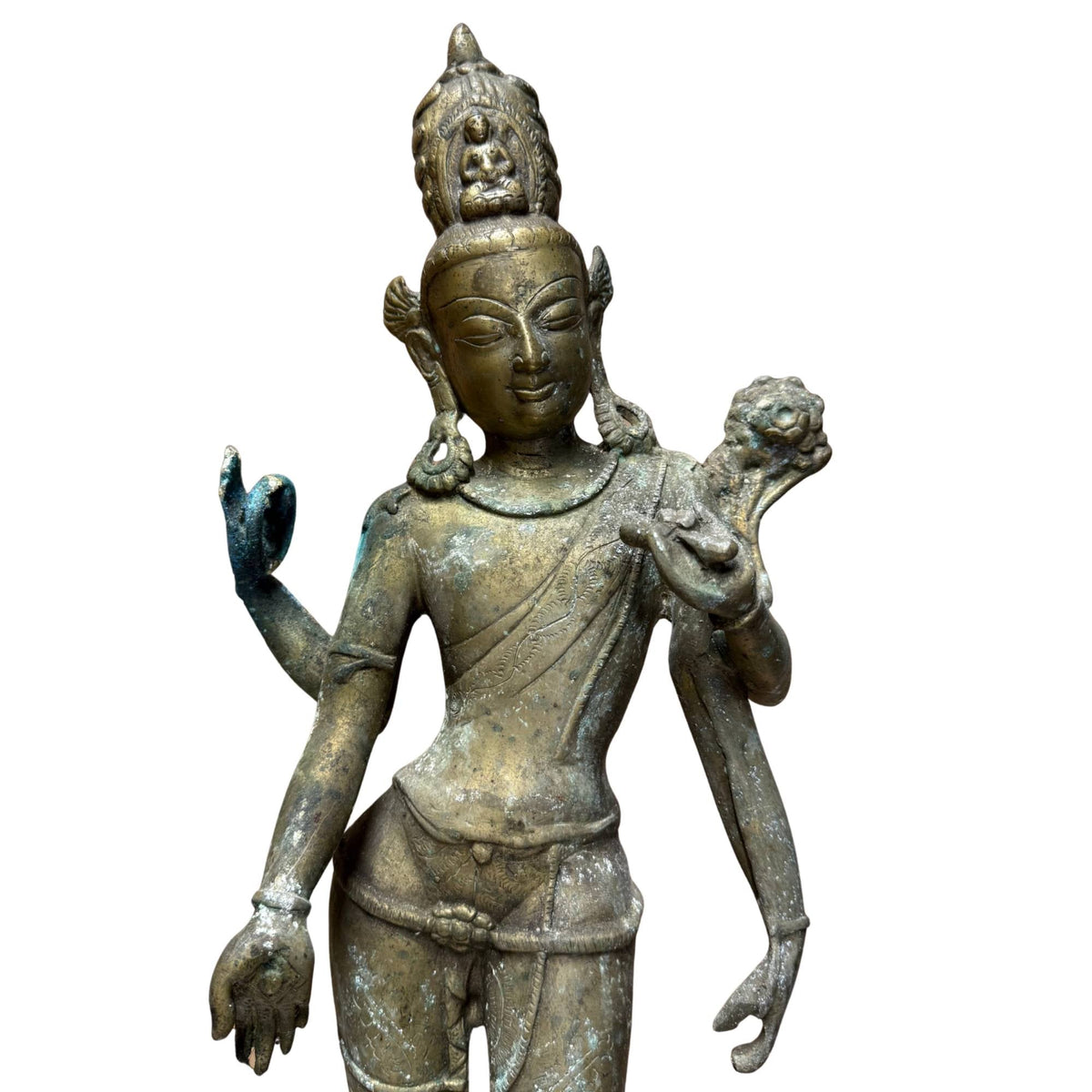 Detail des nepalesischen vierarmigen Avalokiteshvara aus feuervergoldeter Bronze, 17. Jahrhundert – Oberkörper und Krone