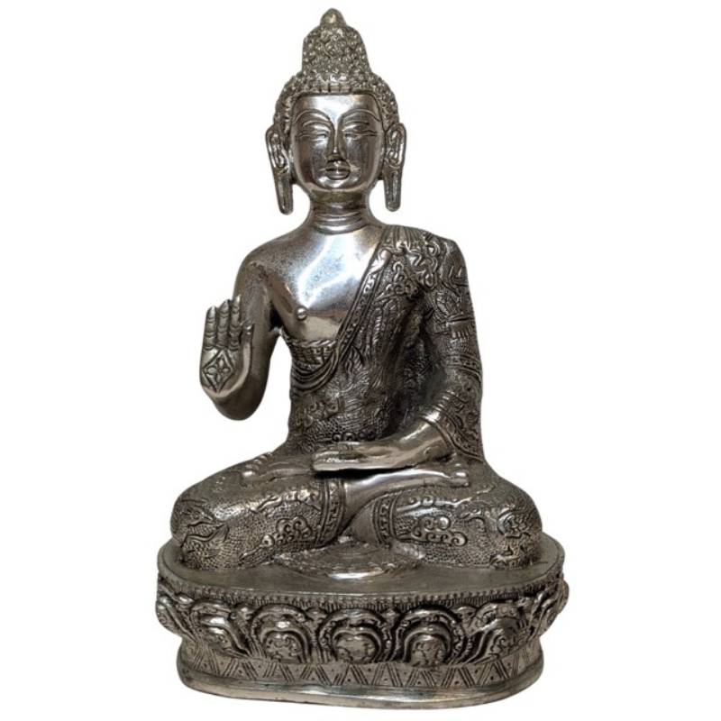 Nepalesischer Buddha aus silberfarbener Kupferlegierung, Abhaya-Mudra
