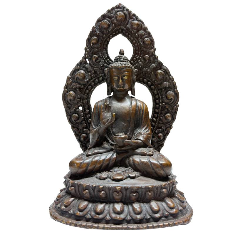 Nepalesisches Buddha-Set aus Bronze mit Dhyana Mudra und natürlicher, gealterter Patina