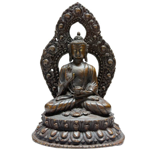 Nepalesisches Buddha-Set aus Bronze mit Dhyana Mudra und natürlicher, gealterter Patina