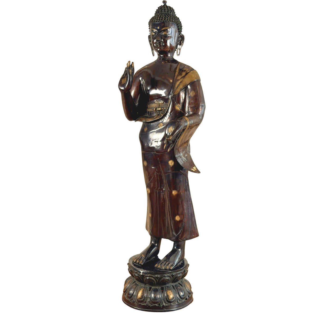 Stehender Buddha in Dreiviertelansicht von vorn, andere Seite