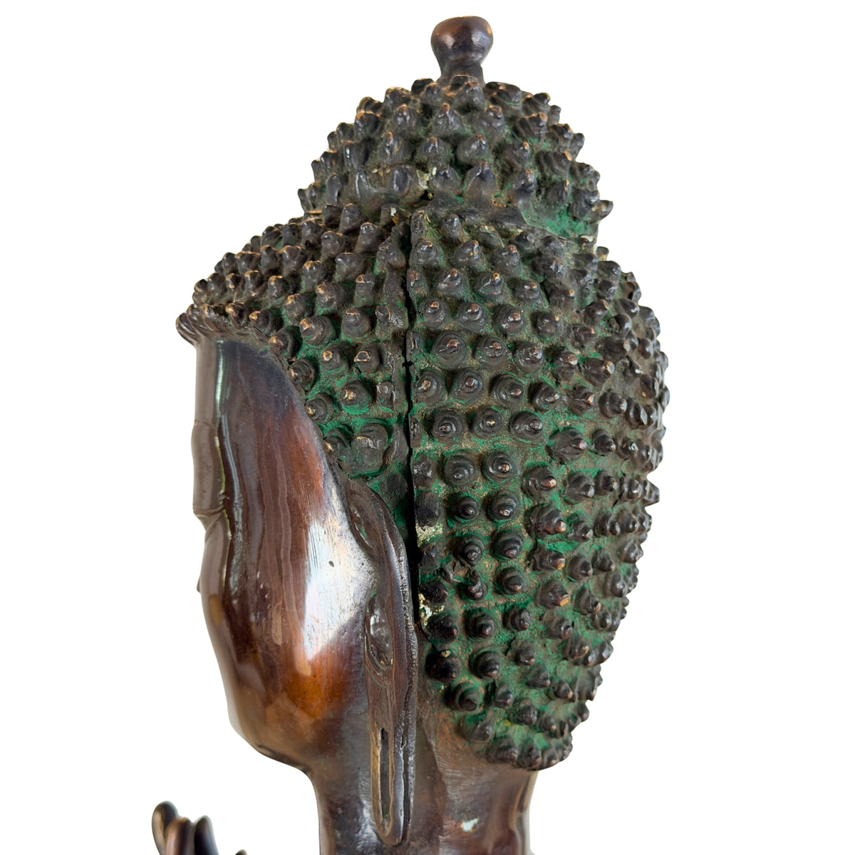 Kopf schräg von hinten mit Locken und grüner Patina