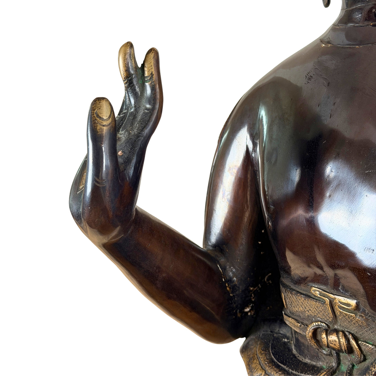 Erhobene rechte Hand in Abhaya-Mudra und Schulter, Detail in Dreiviertelansicht