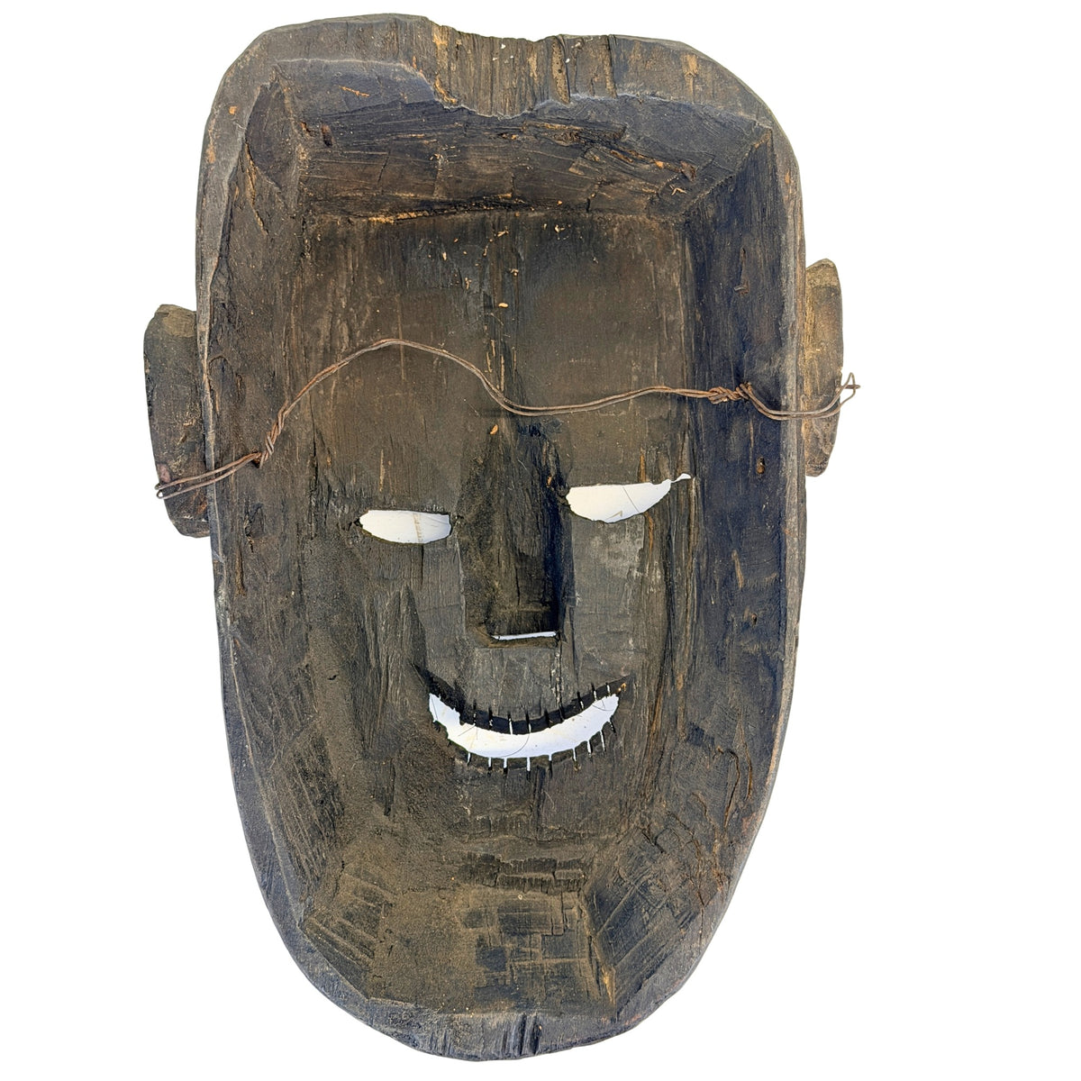 Rückseite der nepalesischen Holz-Schamanenmaske mit altem Trageelement und Aushöhlung