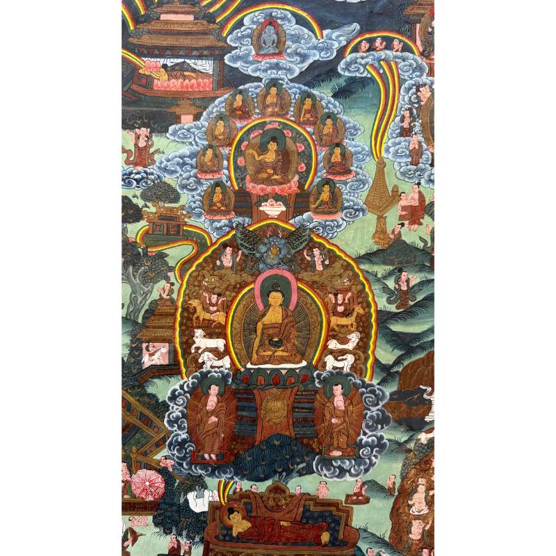 Detail von Buddha bei der Meditation auf einem alten nepalesischen Thangka