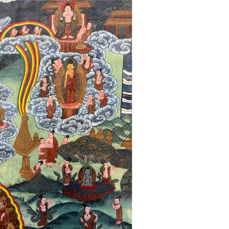 Buddha mit Heiligenschein auf einem alten nepalesischen Thangka dargestellt