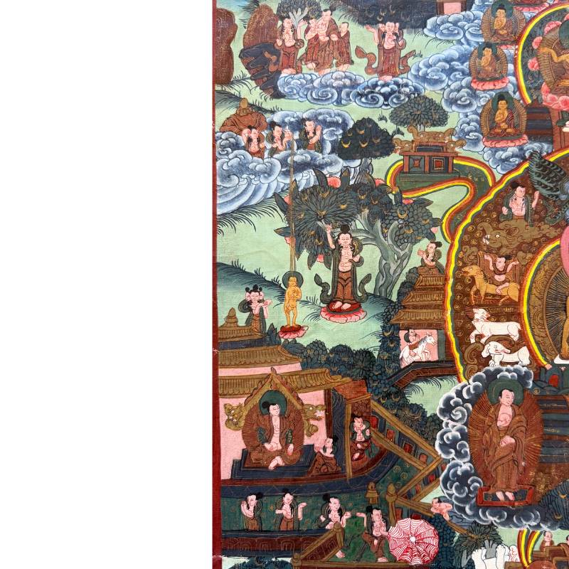 Buddha, umgeben von Jüngern, auf einer erzählenden nepalesischen Thangka