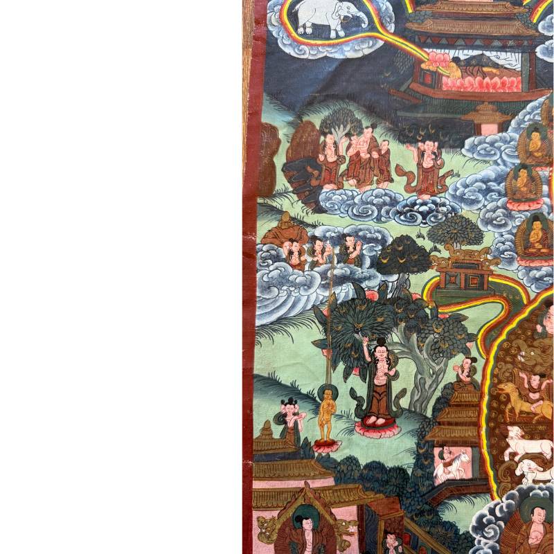 Spirituelle Figuren in einer Berglandschaft auf einem nepalesischen Thangka