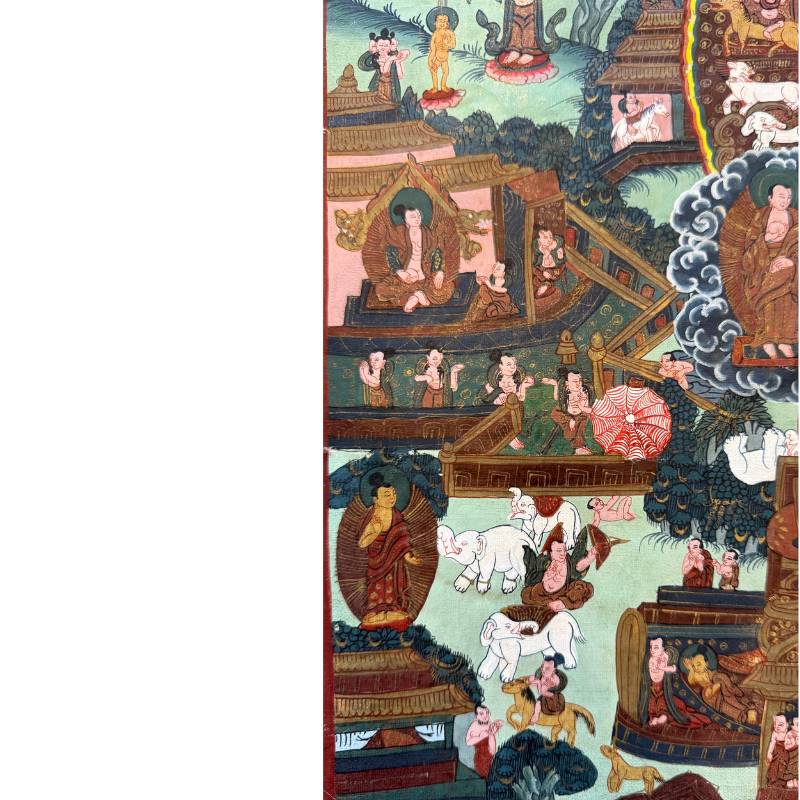 Narrative Szenen mit Mönchen und Tempeln auf einem nepalesischen Thangka