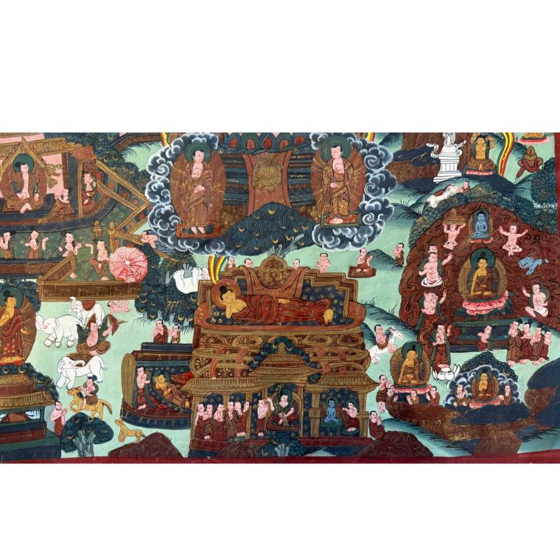 Symbolische Szene aus dem buddhistischen Leben auf einer nepalesischen Thangka