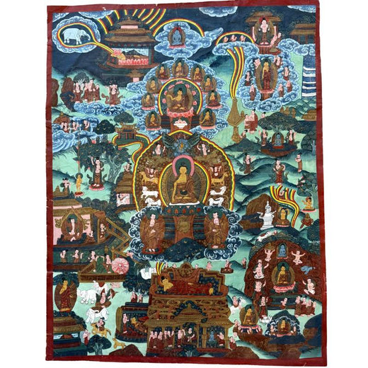 Alte nepalesische Thangka mit erzählenden Buddha‑Szenen und Figuren