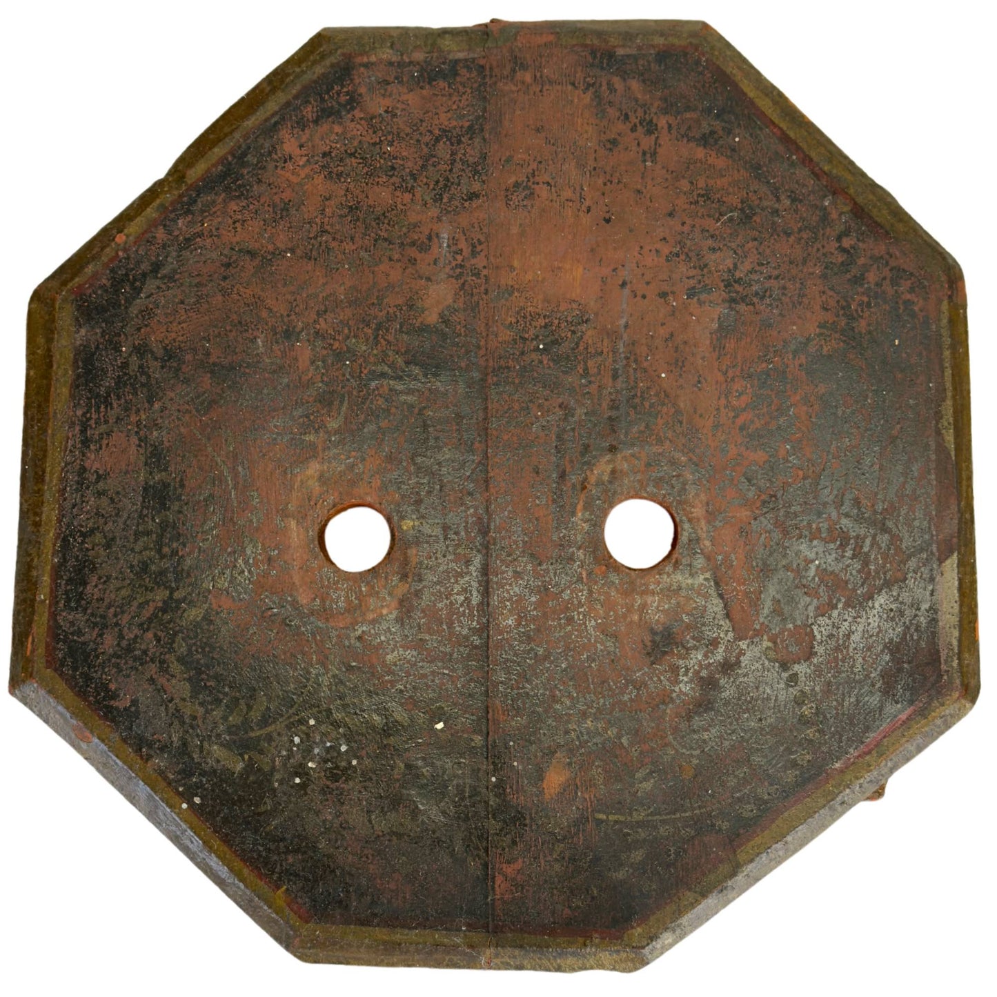 Unterseite einer indischen Holzstatue der Volkskunst mit achteckigem Sockel, Gebrauchsspuren, Patina und alten Gebrauchsspuren